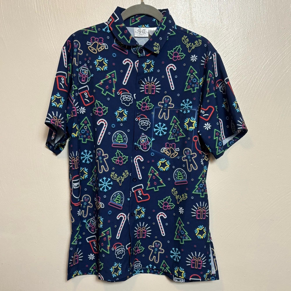 Funny Guy Creation Men's Shirt Short‎ Sleeve Neon Christmas Blue Size Medium